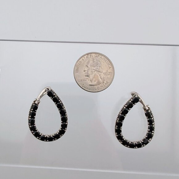 Black Spinel Hoop Earrings 925 Sterling Silver - Picture 1 of 8